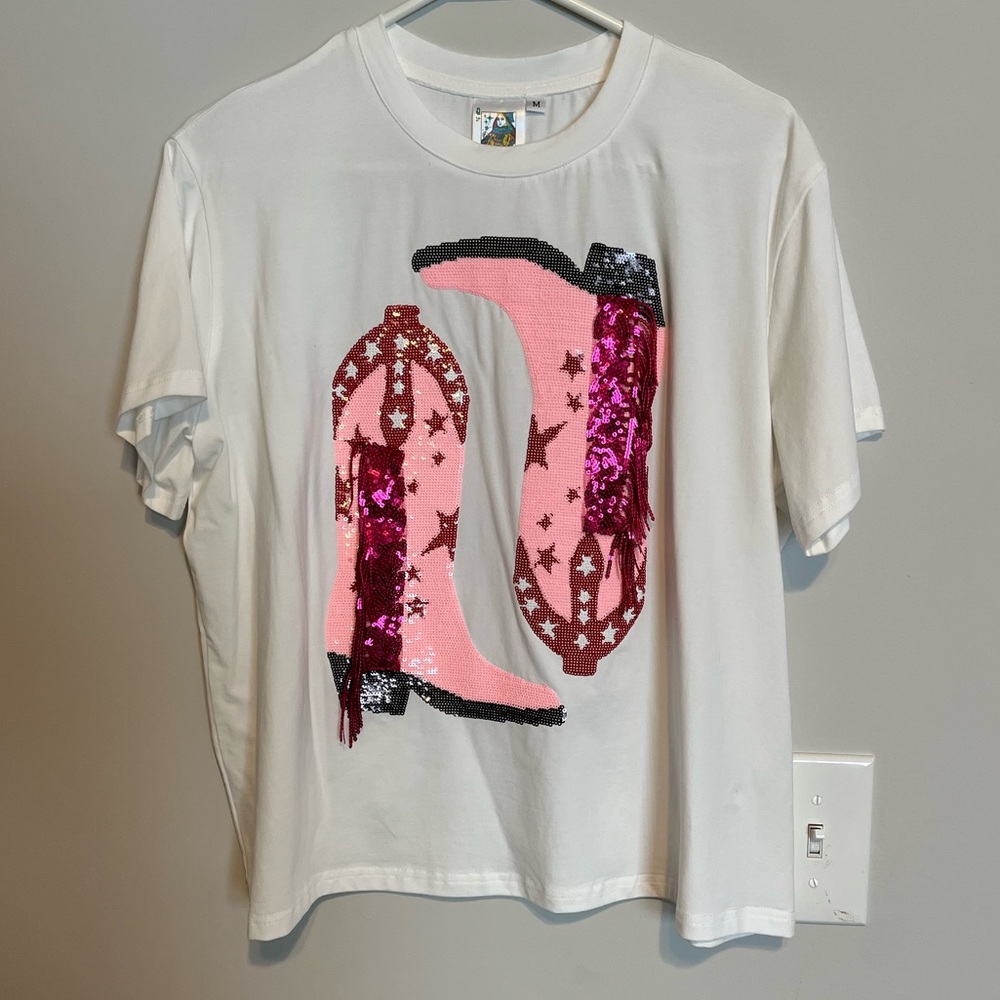 QUEEN OF SPARKLES Pink Cowboy Boot Tee